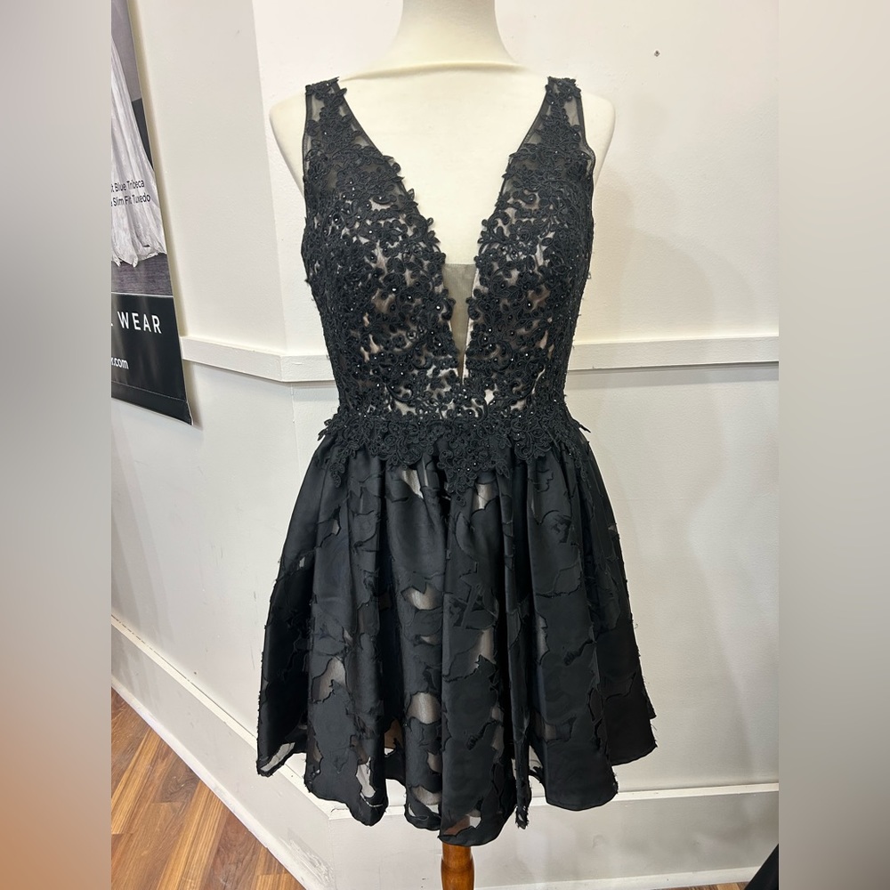 Short black formal dress with lace beaded bodice